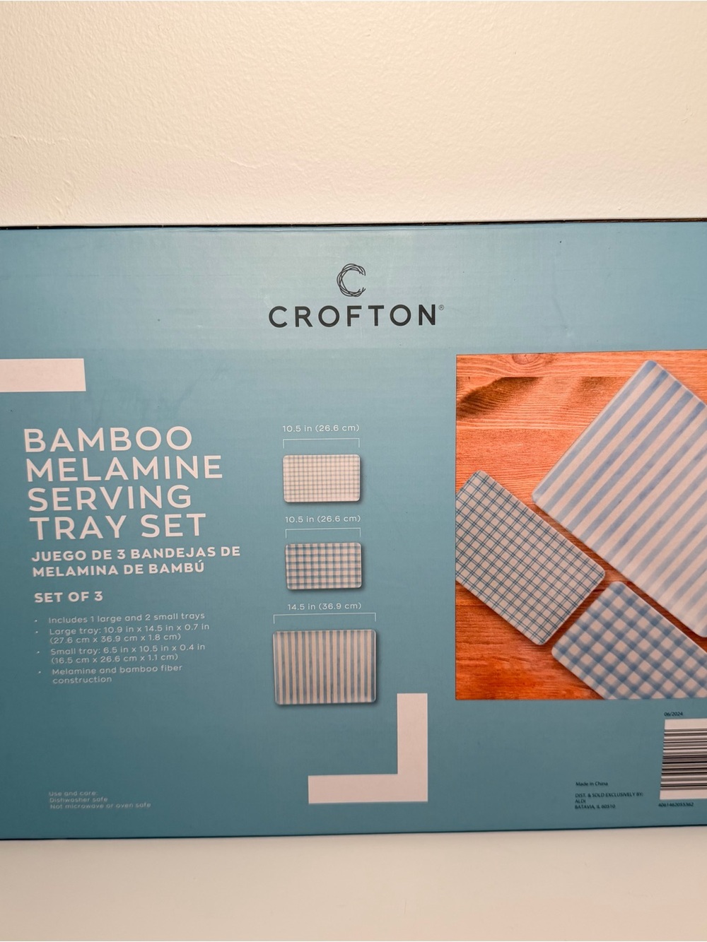 NEW Crofton Blue Striped Bamboo Melamine Serving Tray Set - 3 Piece